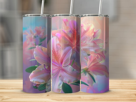 Three tumblers with pastel floral designs and straws displayed on a wooden surface.