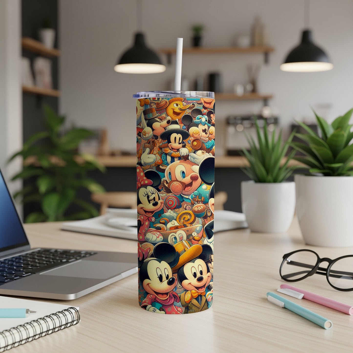 Tall tumbler featuring a collage of classic Mickey and Minnie Mouse cartoon characters.