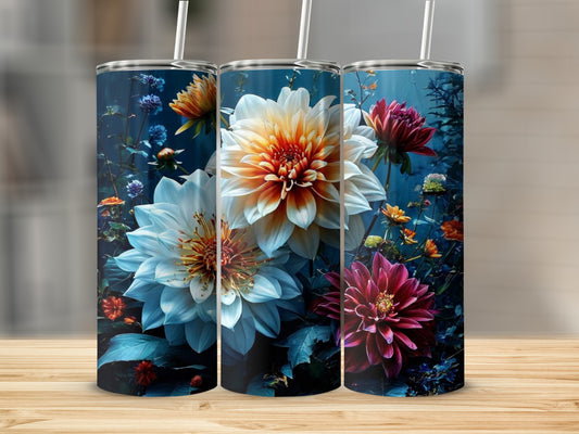 Three tumblers with detailed floral designs featuring dahlias and other blooms.