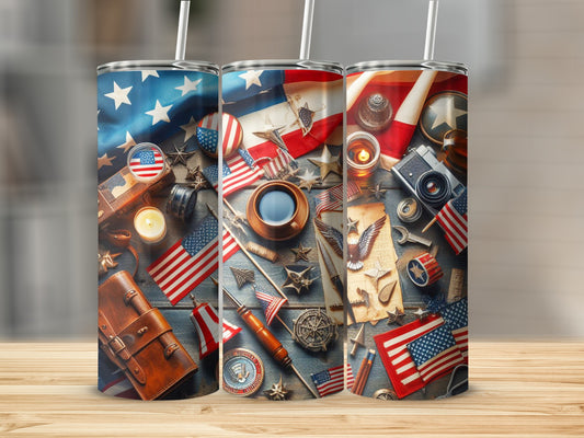 Patriotic USA flag themed tumblers with various American symbols and coffee.