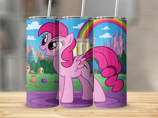 Pinkie Pie from My Little Pony with rainbow background and castle.