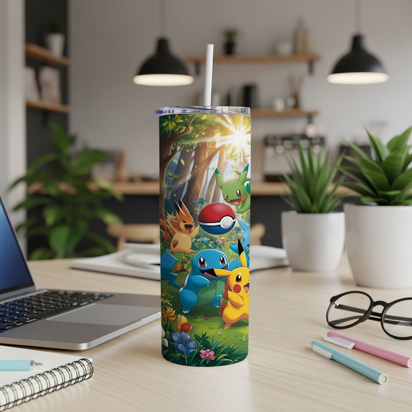 Pikachu, Charmander, Squirtle, and Bulbasaur on a nature-themed Pokémon tumbler.