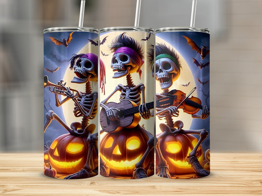 Three skeletons play instruments while sitting on jack-o'-lanterns against a moonlit Halloween sky with bats.