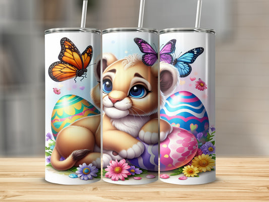 Lion cub with Easter eggs and butterflies.