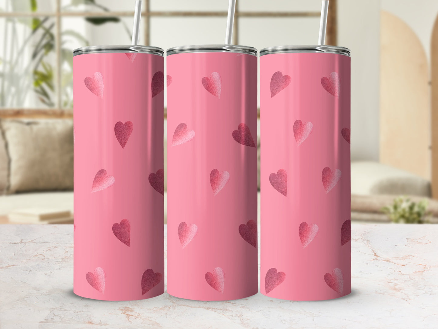 Pink Tumbler with Red Heart Patterns Elegant Design
