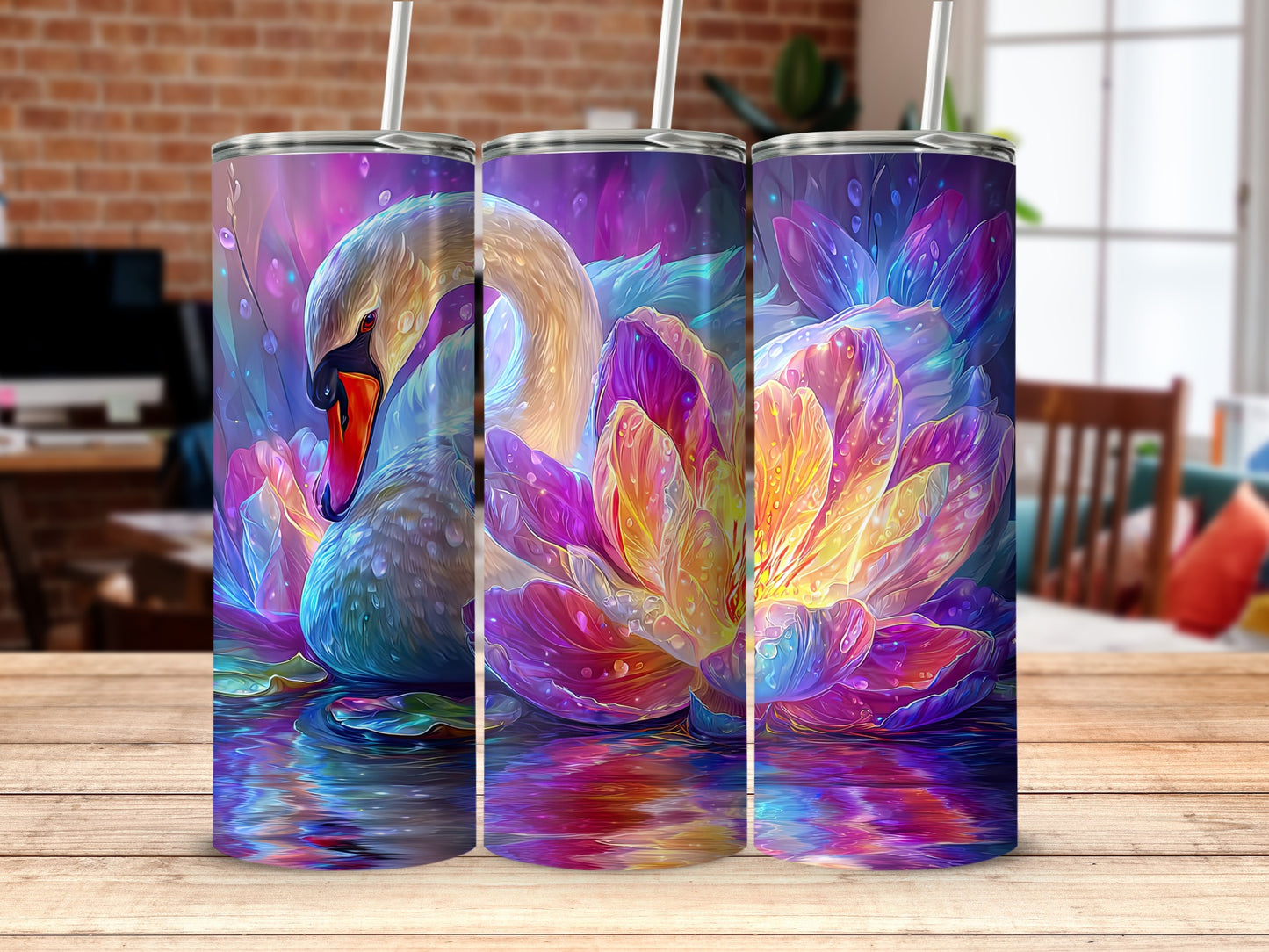 Vibrant Swan and Lotus Design Travel Tumblers