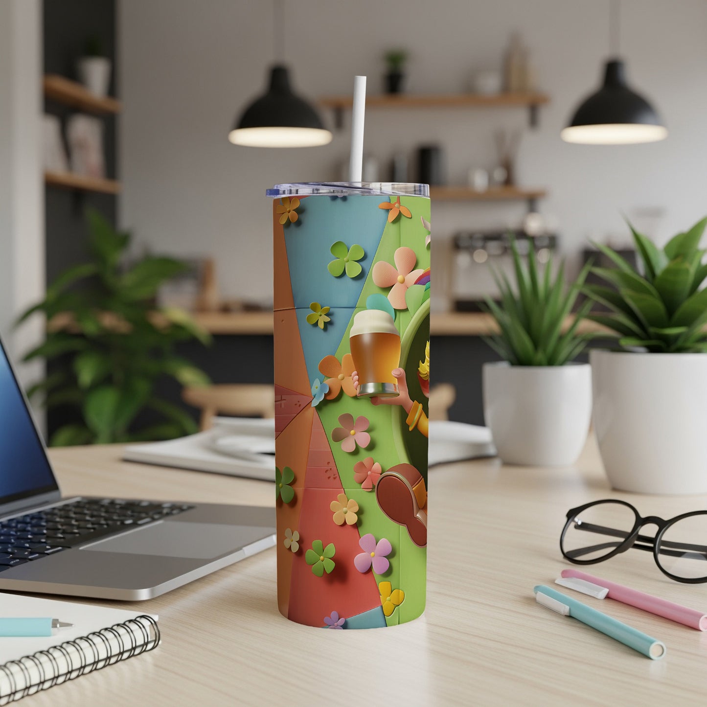 Tumbler with colorful floral pattern and beer glass illustration.