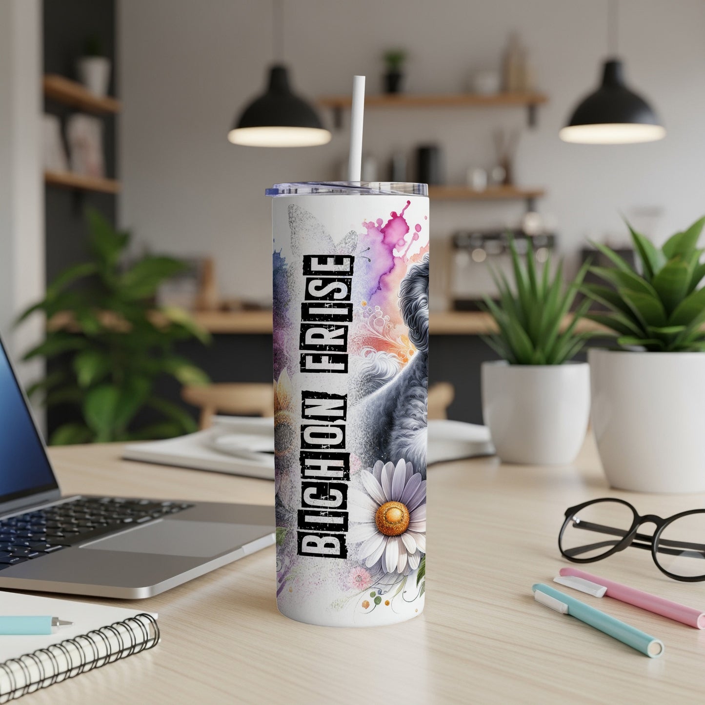 Bichon Frise tumbler with floral and watercolor accents, white lid, and straw.