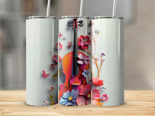Violin with floral and butterfly design on a tumbler.