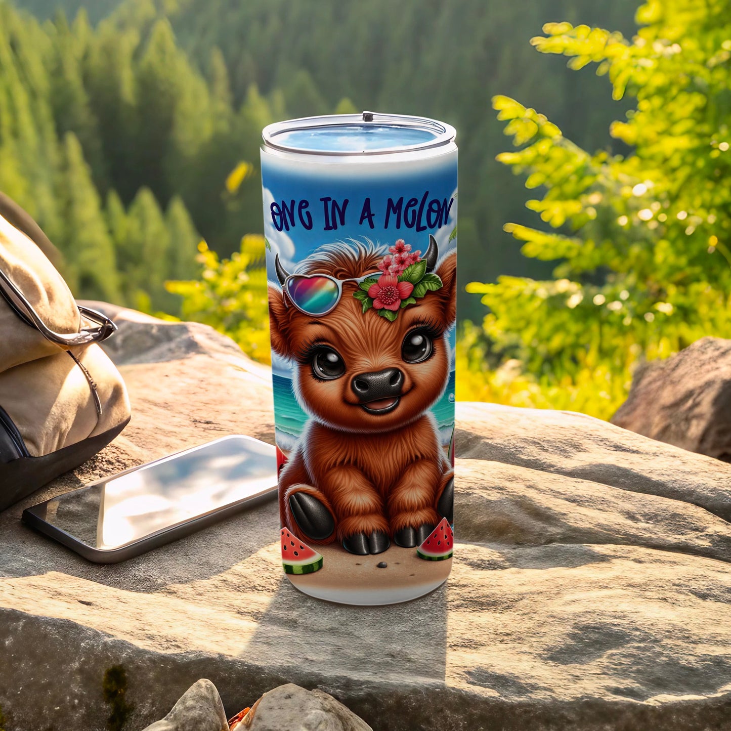 Cow tumbler with "One in a Melon" text, sunglasses, and watermelon slice accents.