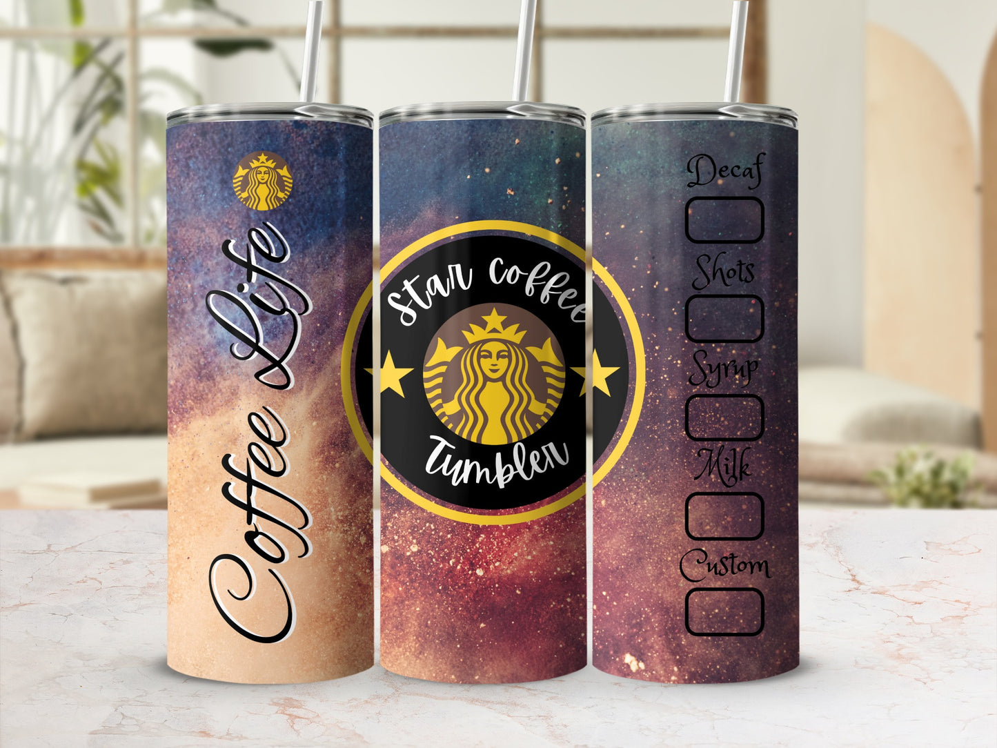 Star Coffee Tumbler with Custom Options for Decaf Syrup Milk