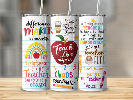 Teacher-themed tumbler with "Difference Maker" and "Teach, Love, Inspire" text.