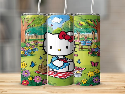 Hello Kitty picnic scene with flowers, trees, butterflies, and checkered blanket.