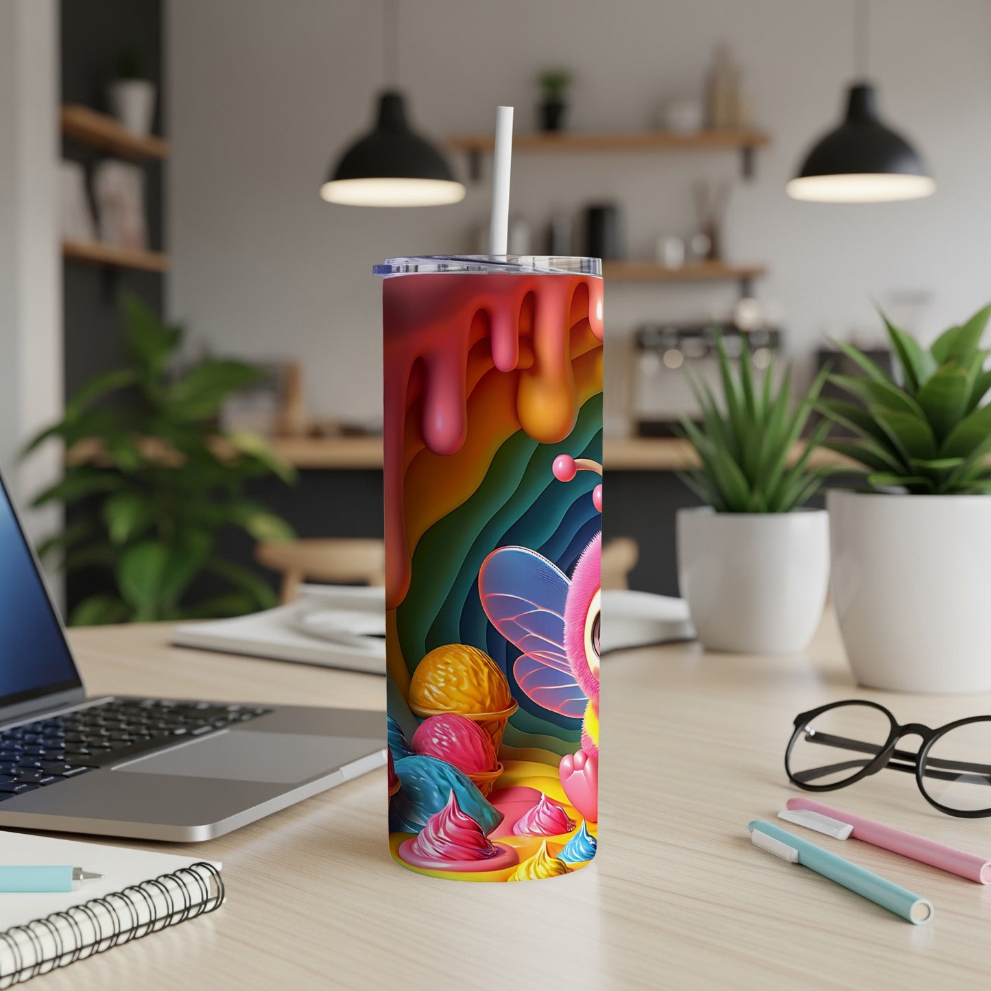 Colorful tumbler with cartoon butterfly and ice cream cones.