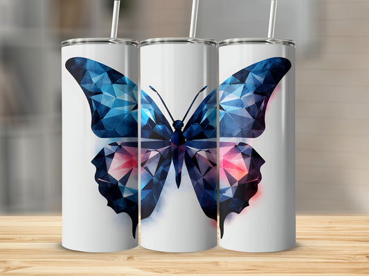 White tumblers with faceted blue butterfly design.
