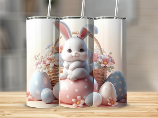 Easter bunny with eggs and flowers in basket, pink polka dot background.