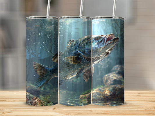 Largemouth bass swimming underwater with sunlight rays and rocky bottom.