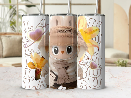 Cute Labubu Character with Flowers Travel Tumbler