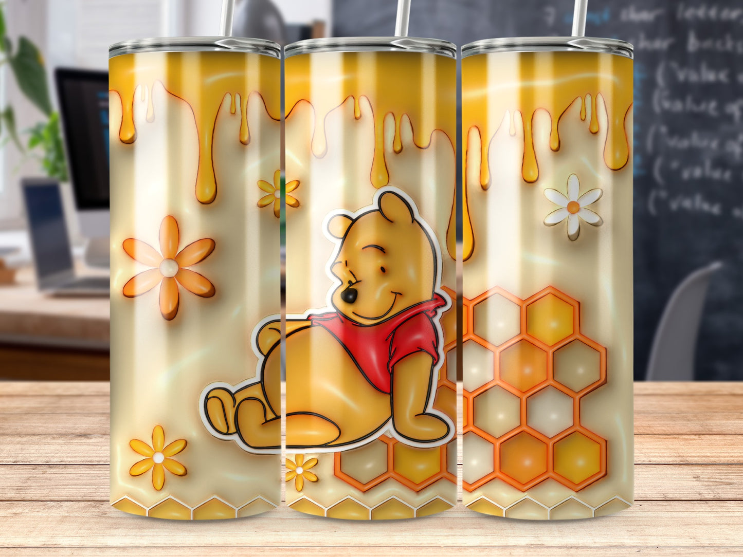 Honey Dripping Tumbler With Cartoon Bear and Flowers