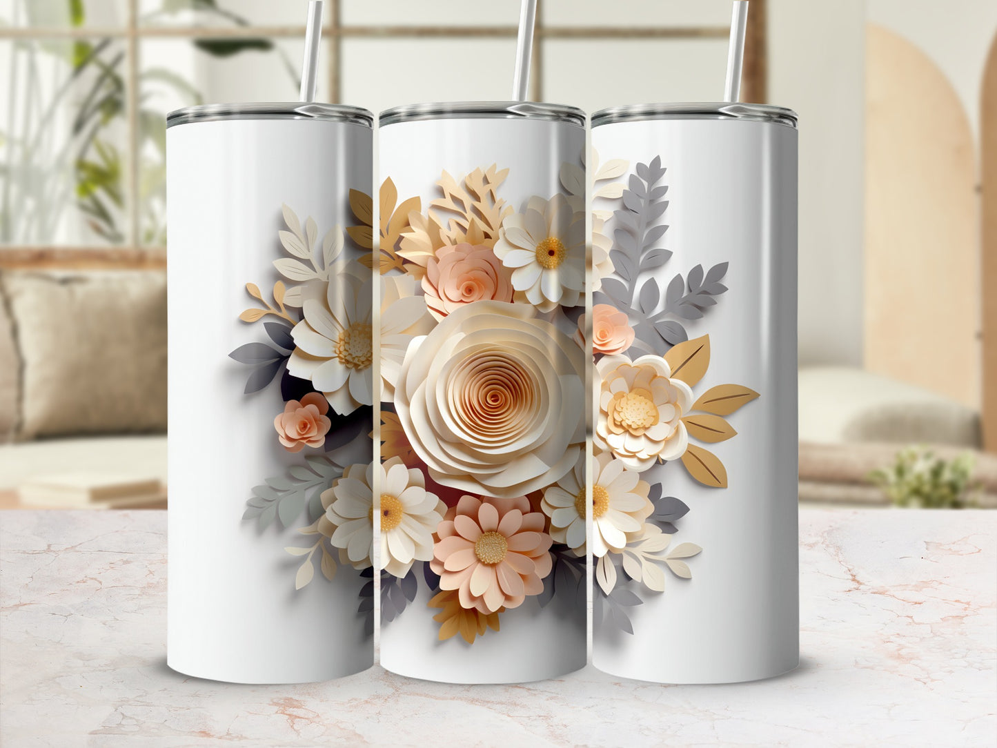 Elegant Floral Design with Straw Tumbler Drinkware