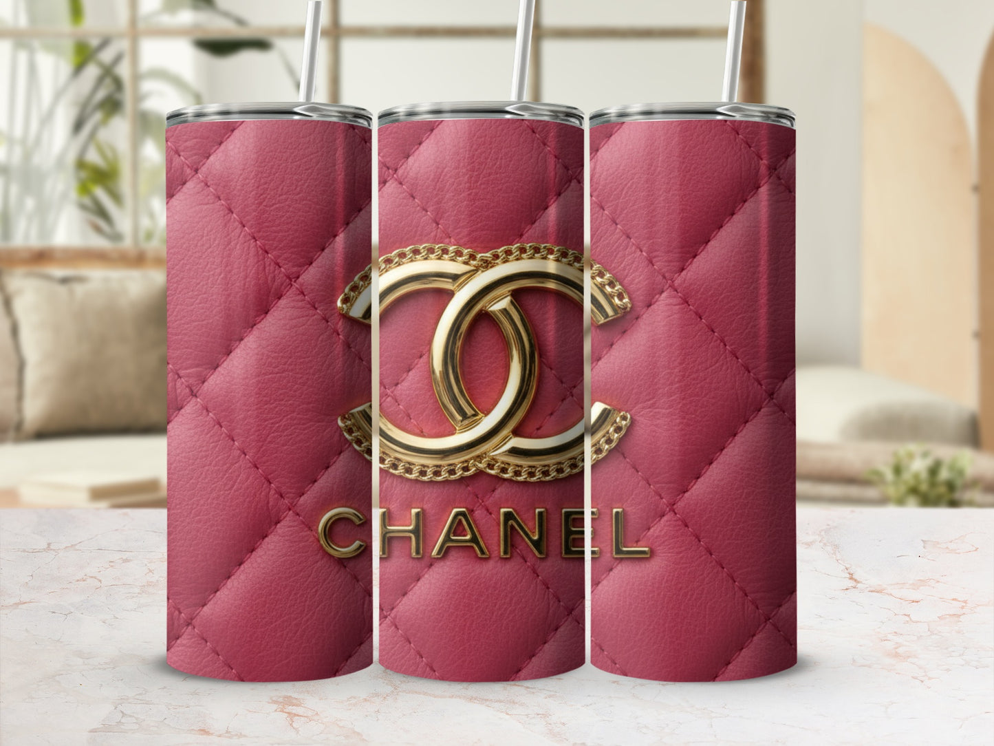 Pink Design with Chanel Logo Patterned Style Tumblers