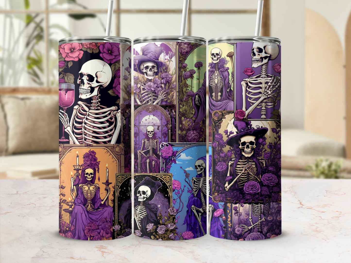 Elegant Skeleton Art Stainless Steel Tumbler Set