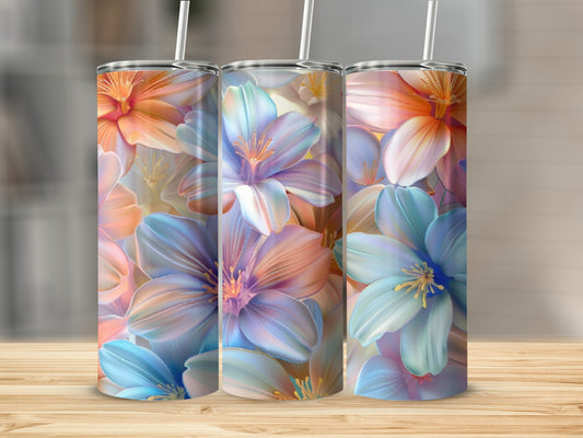 Three tumblers with a colorful, abstract floral pattern.