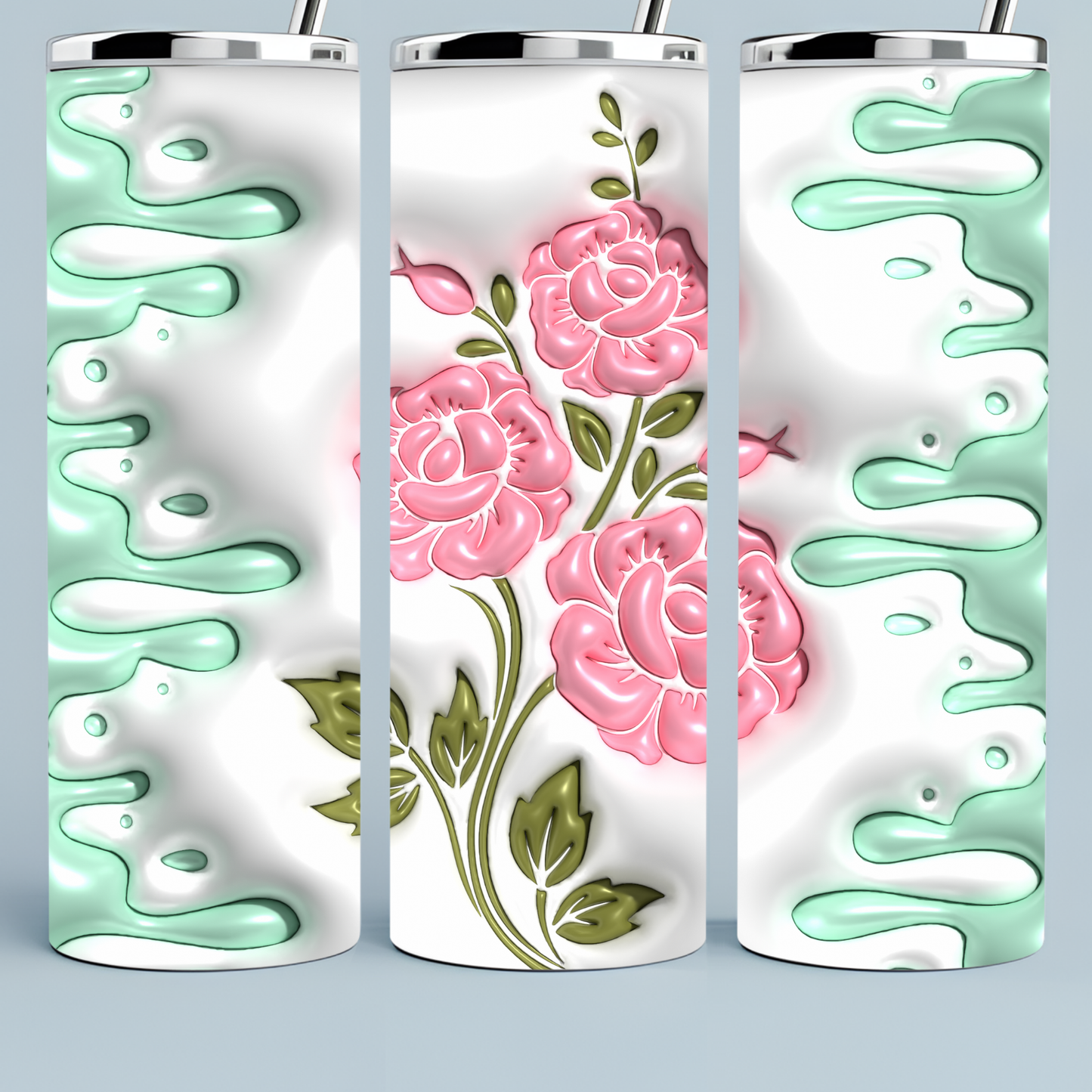 3D Light Green White and Pink Peonies tumbler