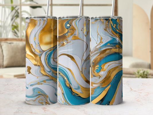 Gold Teal White Abstract Fluid Art Marbling Tumbler product type