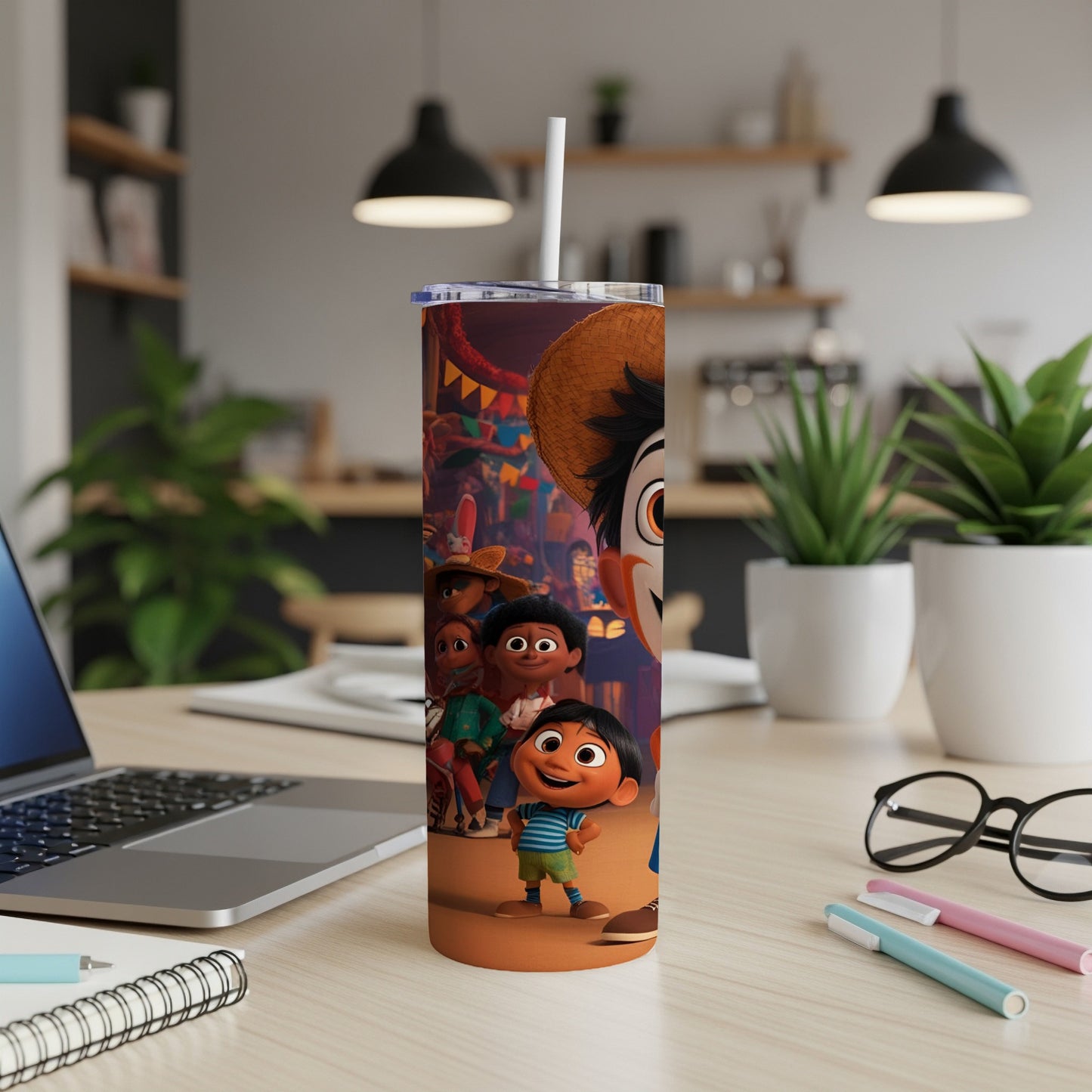 Animated characters with a straw in a tumbler on a desk.