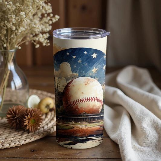 Scenic Baseball Art Tumbler with Stars and Clouds Design