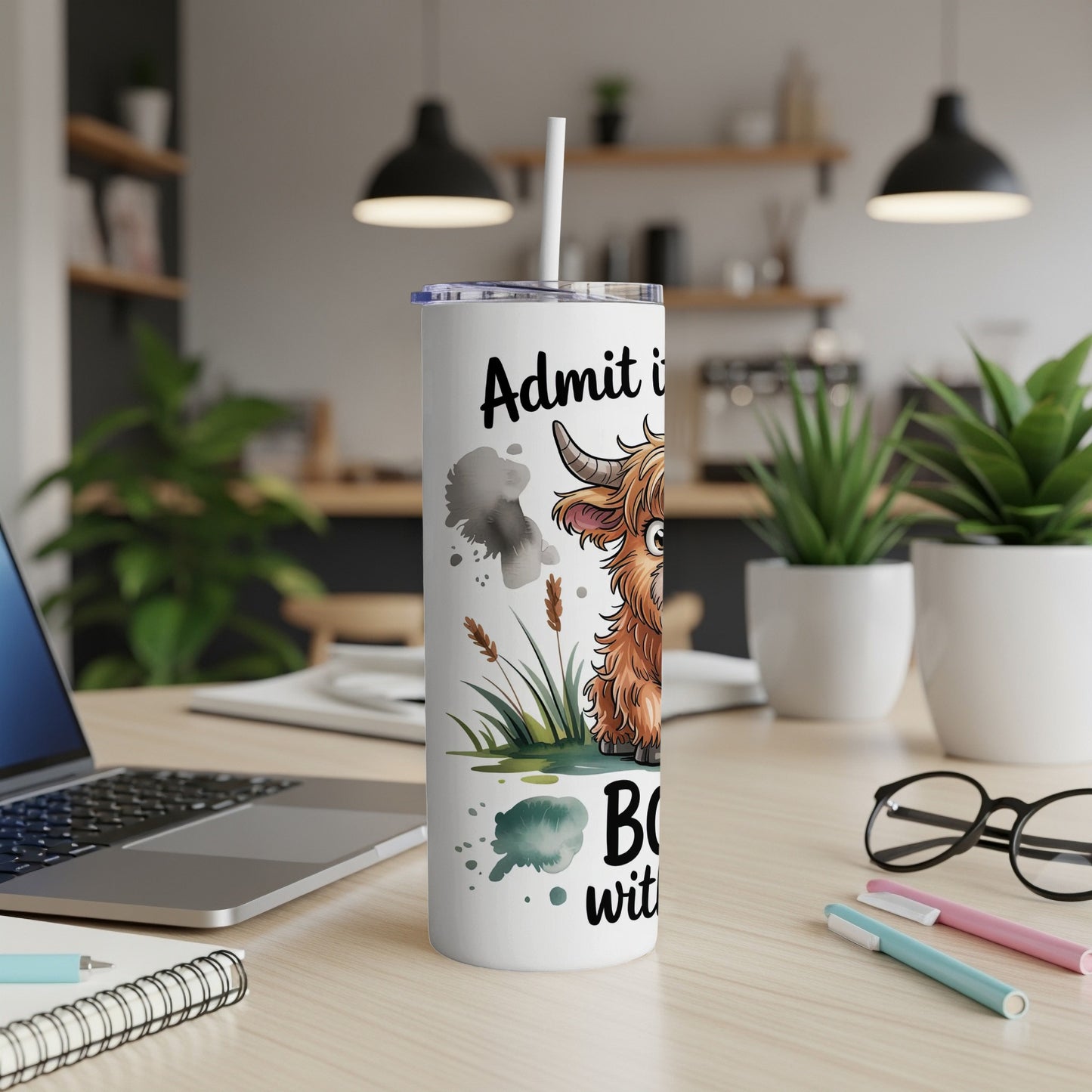 Highland cow on a tumbler with text "Admit it, I'm adorable".