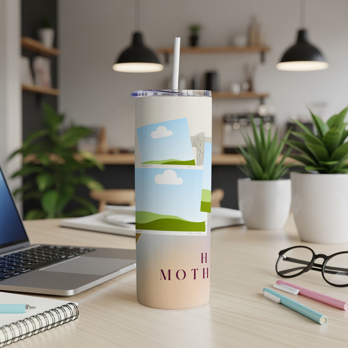 Tumbler with photo collage and "Happy Mother" text on a desk.