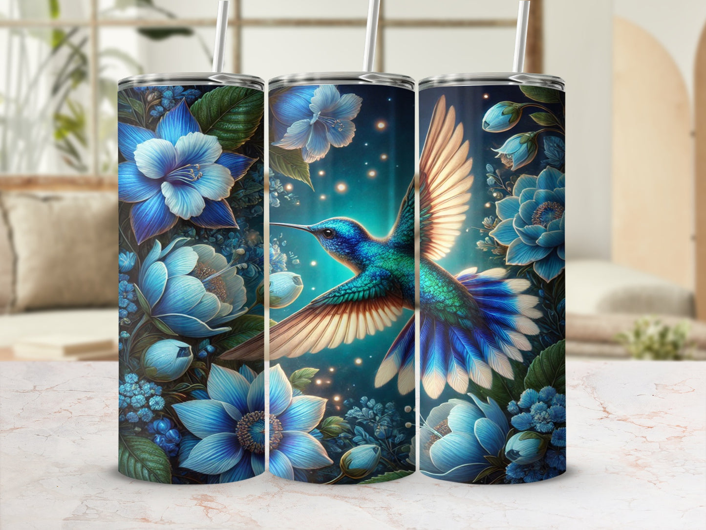 Hummingbird and Blue Flower Design Travel Tumbler