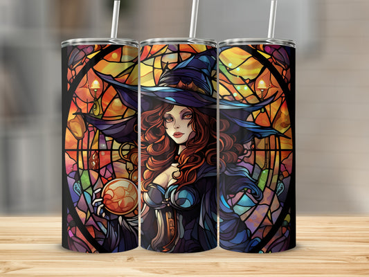Stained glass witch holding crystal orb with ornate, colorful background.