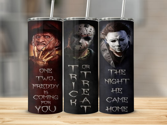 Three tumblers featuring horror movie villains Freddy Krueger, Jason Voorhees, and Michael Myers.