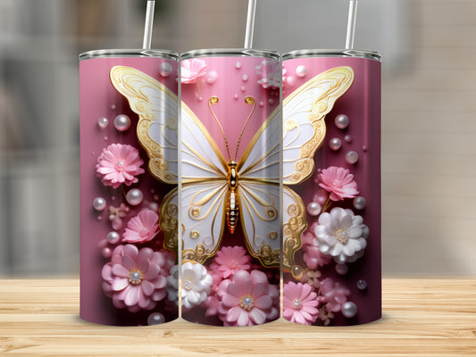 Pink tumbler with white butterfly and floral embellishments.