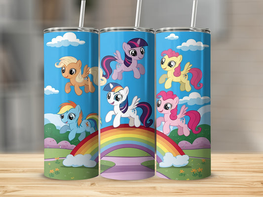 My Little Pony characters on a rainbow bridge with a cloudy sky.