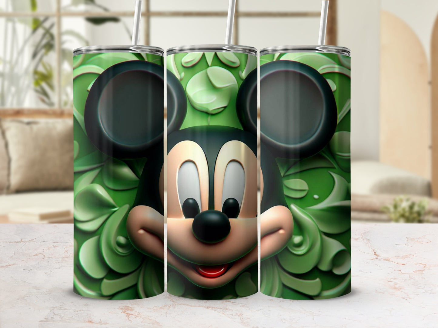 Green Leaves Mickey Mouse Design Tumbler Cup