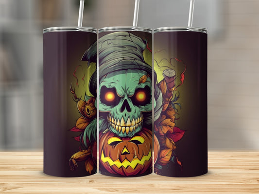 Tall tumbler with Halloween skull, witch hat, and pumpkin design.