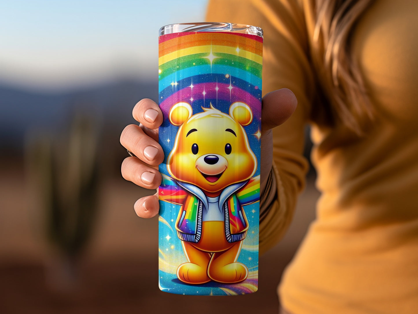 Golden Bear Over Rainbow Stars Happy Character Tumblers