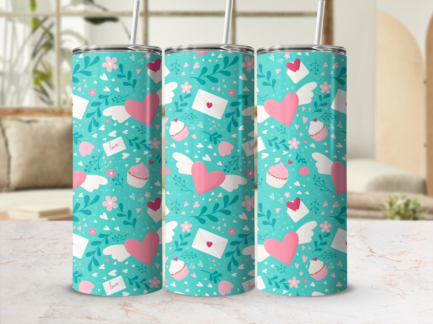 Whimsical Love Hearts and Letters Skinny Tumbler