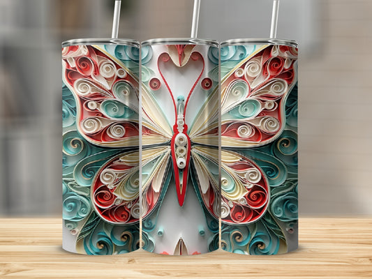 Three tumblers featuring a detailed, colorful butterfly design.