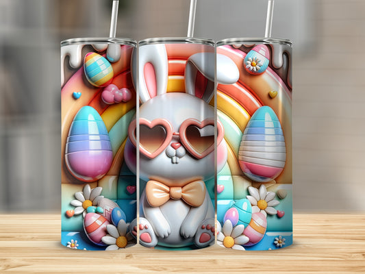 Easter bunny with heart sunglasses and bow tie on rainbow background.
