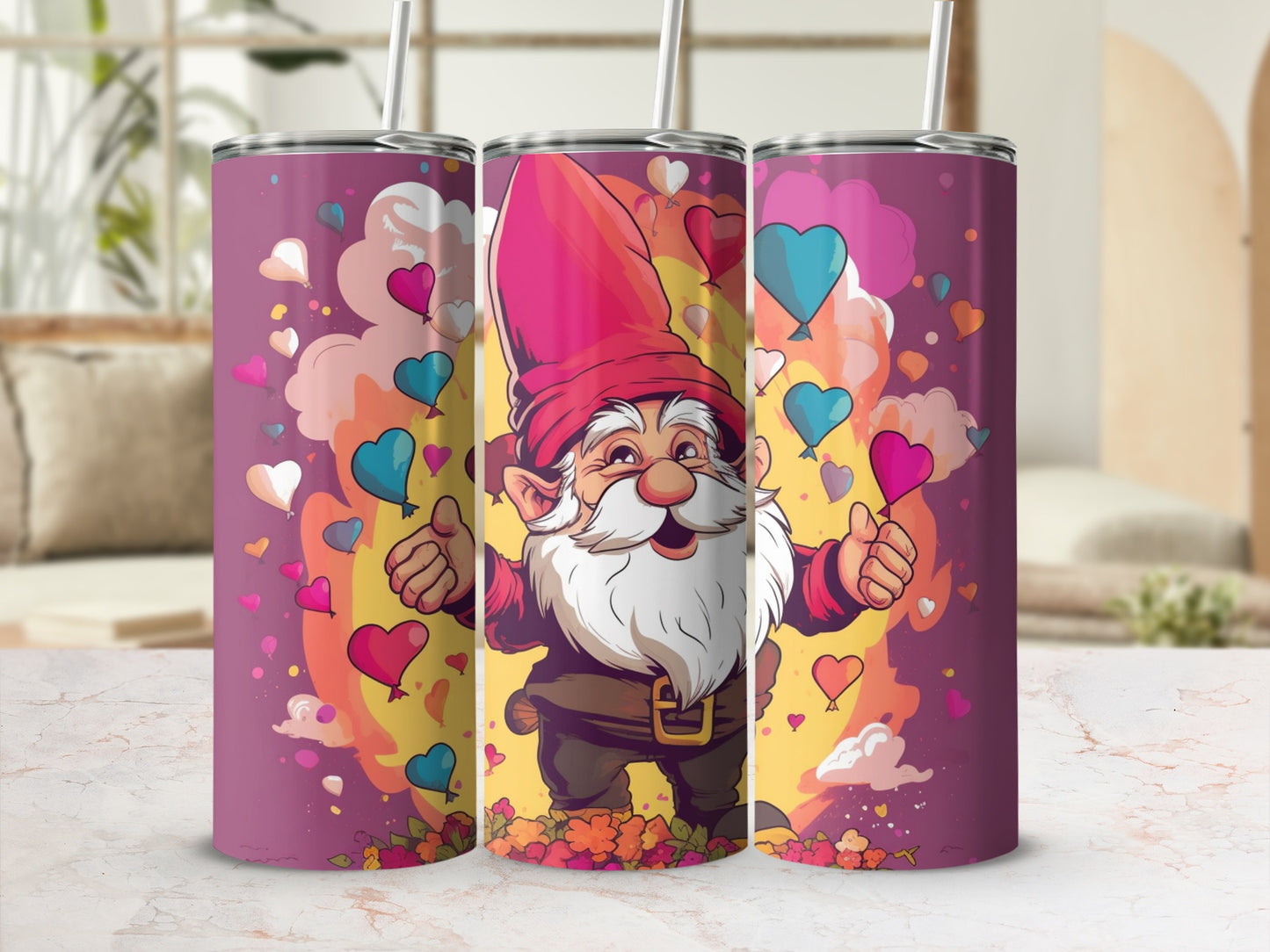 Cute Gnome with Colorful Hearts Tumbler Cup