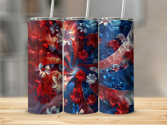 Three tumblers with red, white, and blue abstract floral patterns.