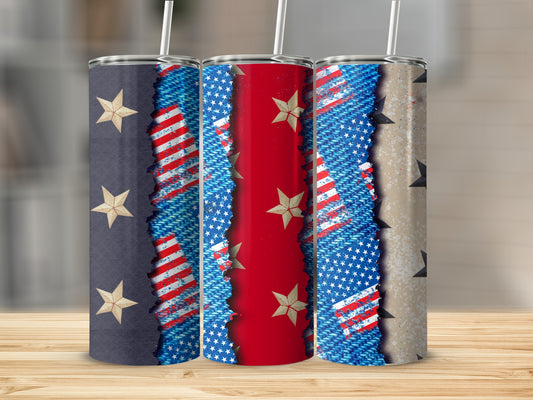 Three patriotic tumblers with denim, stars, and stripes designs.