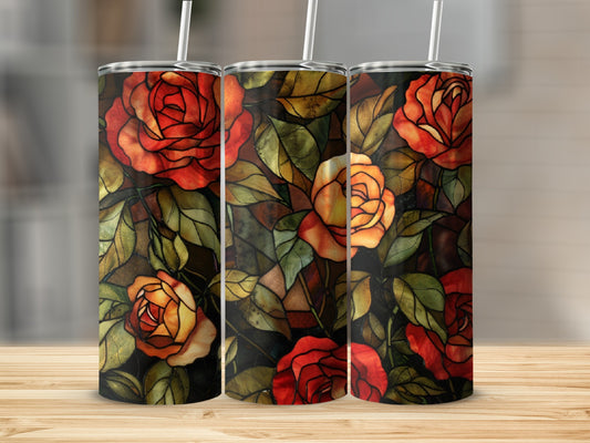 Three tumblers with stained glass rose floral pattern and straws.