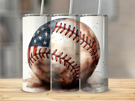 Baseball with American flag pattern on a skinny tumbler.
