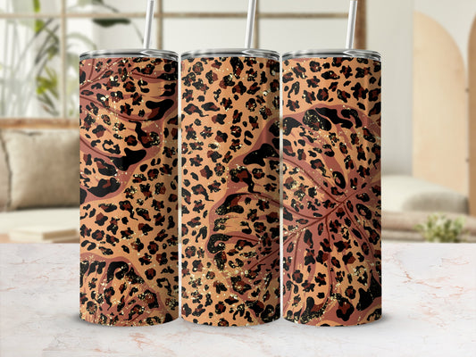 Leopard and Tropical Leaf Tumbler with Glitter Finish